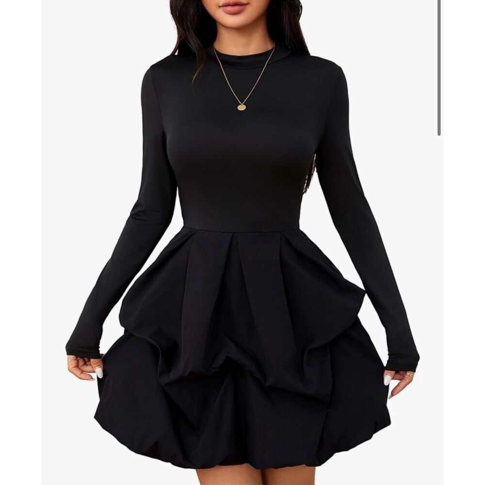 NEW Long Sleeve Mock Neck Ruffle Hem A Line Mini Dress S